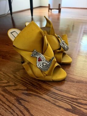 Women’s Mustard Satin Open-Toe Heels with Crystal Cat Accent